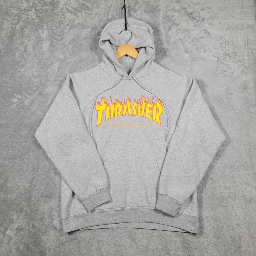 Thrasher Hoodie Men Small Gray Flame Logo Magazine Skate Pullover Sweatshirt Y2K